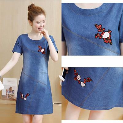 ĐẦM JEAN SUÔNG CỔ TRÒN THÊU HOA - NJ967